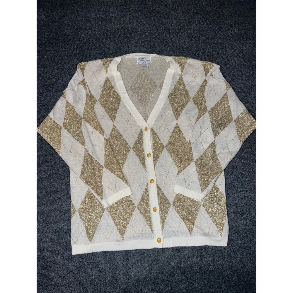 Regency Collection Joyce Vintage Argyle Cardigan XL Gold Metallic Cream Knit
